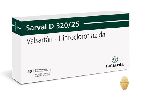 Sarval D_320-25_50.png Sarval D Valsartán Hidroclorotiazida Hipertensión arterial Hidroclorotiazida diurético bloqueante cálcico Antihipertensivo vasodilatación Valsartán tensión arterial Sarval D